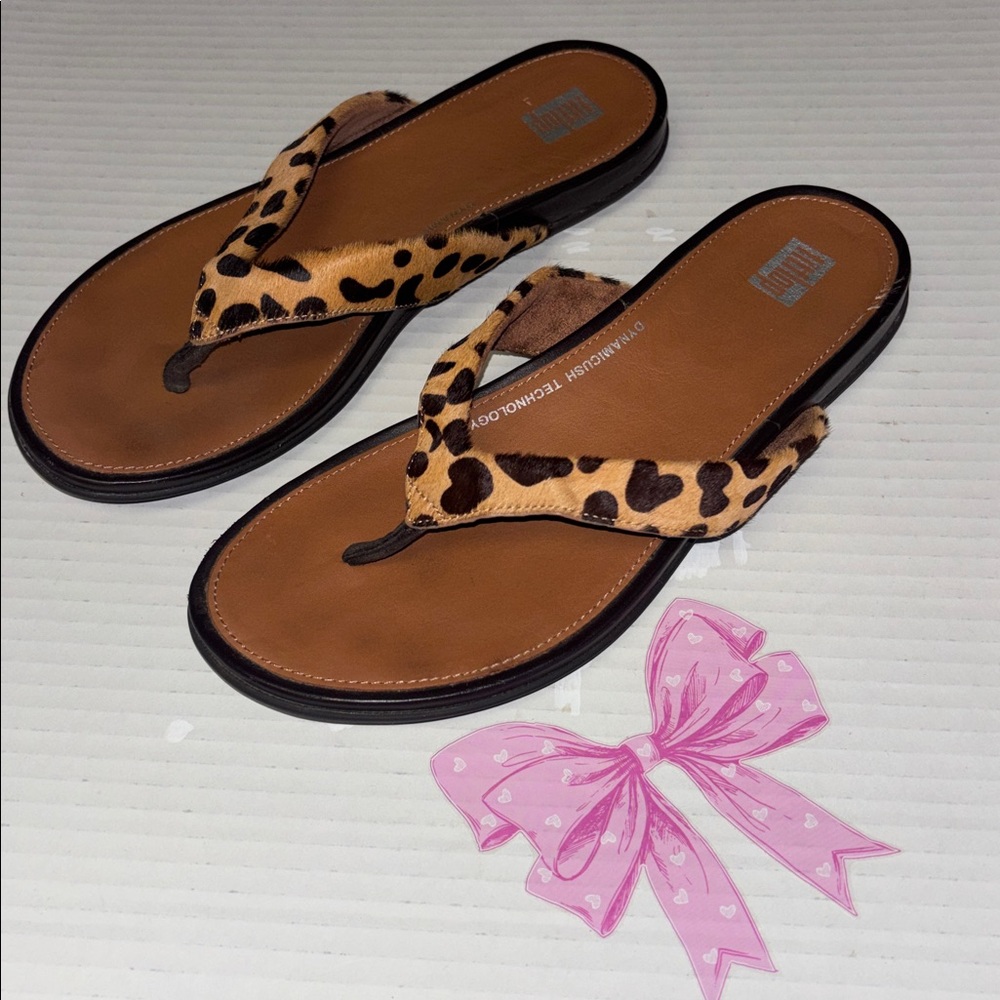Fitflop Gracie Leopard Leather Fur Flip Flop Sandals Shoes Women’s Size 6